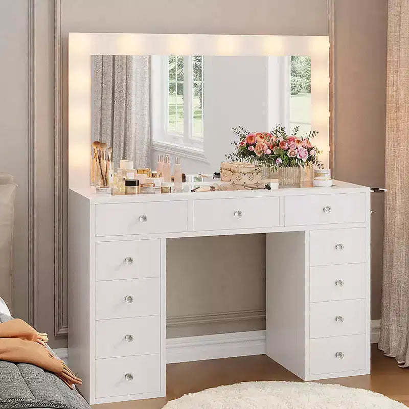 Coiffeuse avec lumières, coiffeuse de ferme avec multiprise, coiffeuse avec plateau en verre et 5 tiroirs, coiffeuse avec miroir pour chambre à coucher