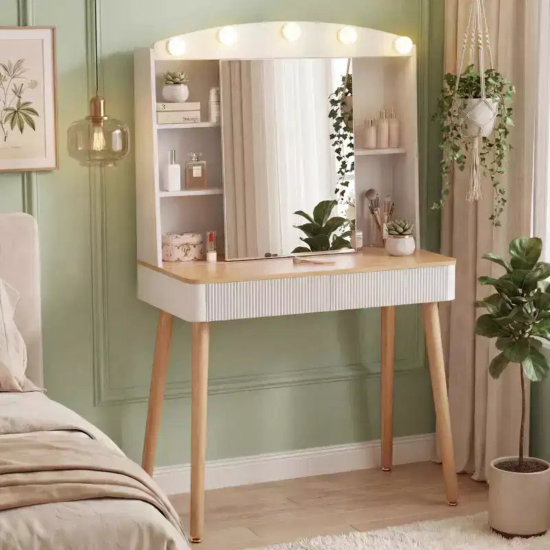 Coiffeuse avec lumières, coiffeuse de ferme avec multiprise, coiffeuse avec plateau en verre et 5 tiroirs, coiffeuse avec miroir pour chambre à coucher