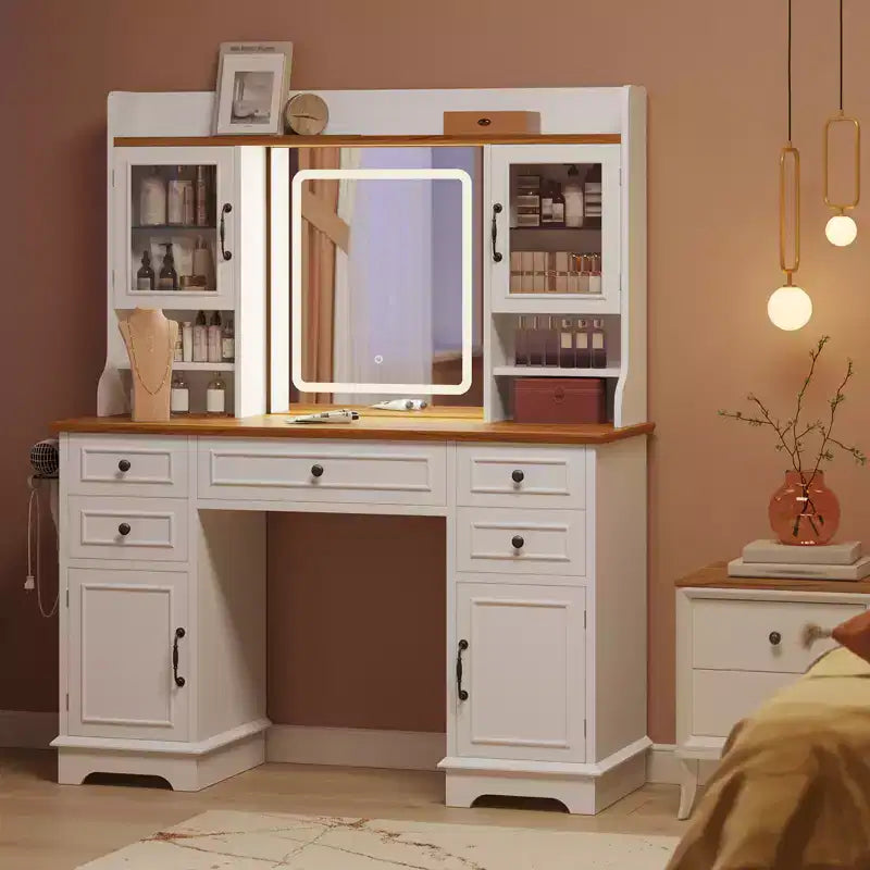 Coiffeuse avec lumières, coiffeuse de ferme avec multiprise, coiffeuse avec plateau en verre et 5 tiroirs, coiffeuse avec miroir pour chambre à coucher