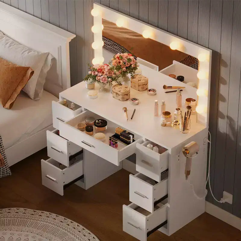 Coiffeuse avec lumières, coiffeuse de ferme avec multiprise, coiffeuse avec plateau en verre et 5 tiroirs, coiffeuse avec miroir pour chambre à coucher