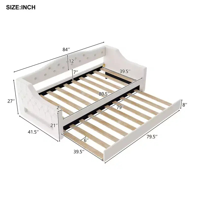 Lit de jour double XL rembourré Whisen avec lit gigogne et éclairage LED