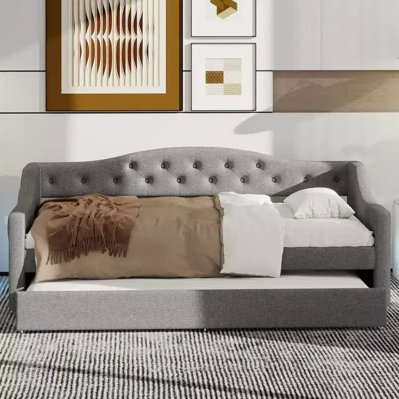 Lit de jour double XL rembourré Whisen avec lit gigogne et éclairage LED