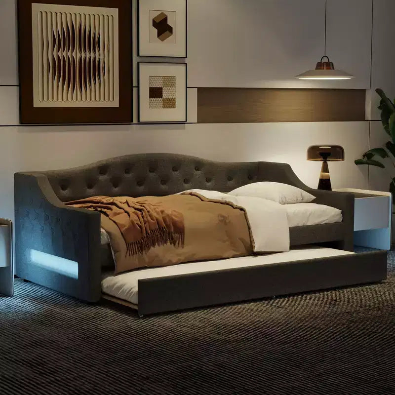 Lit de jour double XL rembourré Whisen avec lit gigogne et éclairage LED