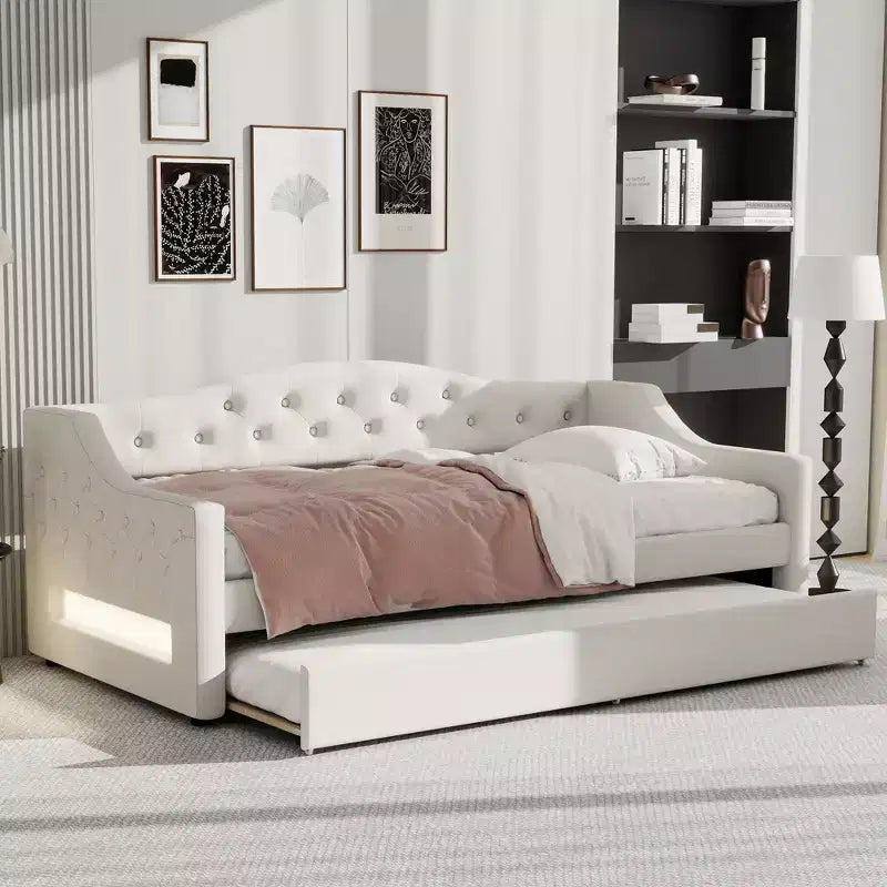 Lit de jour double XL rembourré Whisen avec lit gigogne et éclairage LED