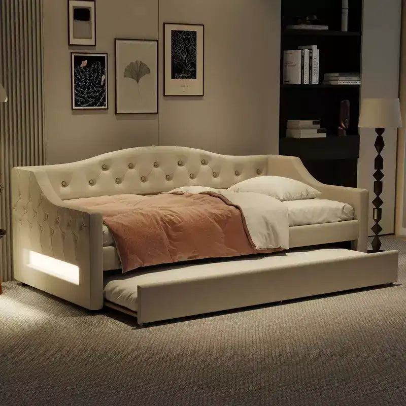 Lit de jour double XL rembourré Whisen avec lit gigogne et éclairage LED