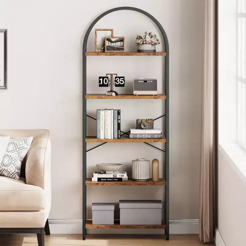 Bibliothèque à 5 niveaux, étagère en forme d'arche, grande étagère de rangement moderne en bois avec cadre en métal