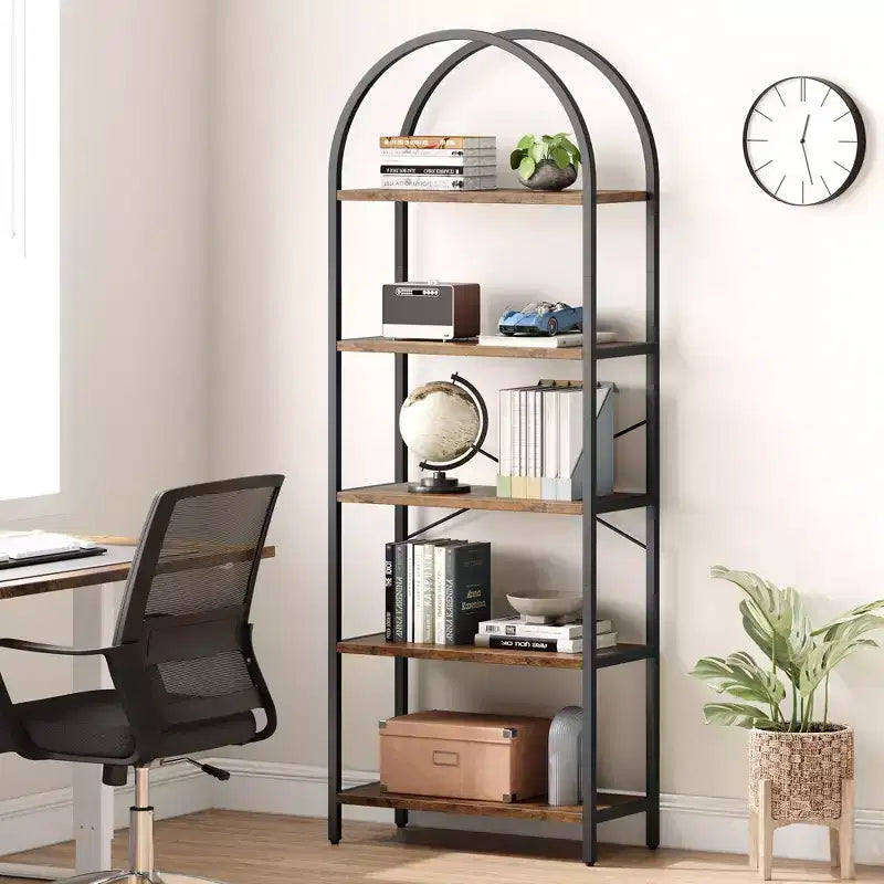 Bibliothèque à 5 niveaux, étagère en forme d'arche, grande étagère de rangement moderne en bois avec cadre en métal