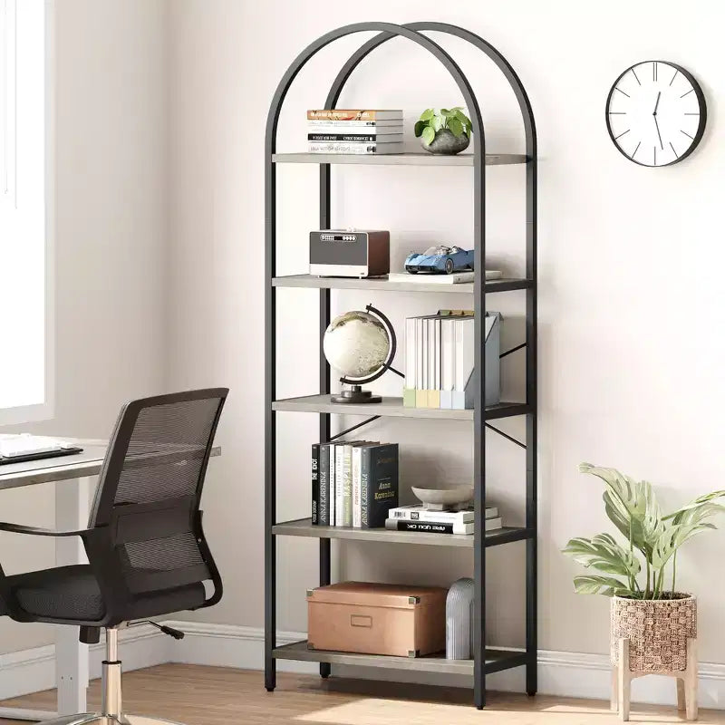 Bibliothèque à 5 niveaux, étagère en forme d'arche, grande étagère de rangement moderne en bois avec cadre en métal
