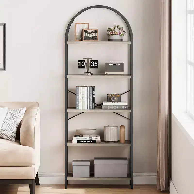 Bibliothèque à 5 niveaux, étagère en forme d'arche, grande étagère de rangement moderne en bois avec cadre en métal