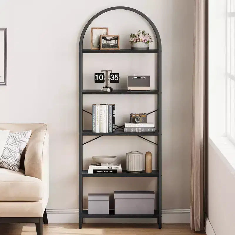Bibliothèque à 5 niveaux, étagère en forme d'arche, grande étagère de rangement moderne en bois avec cadre en métal