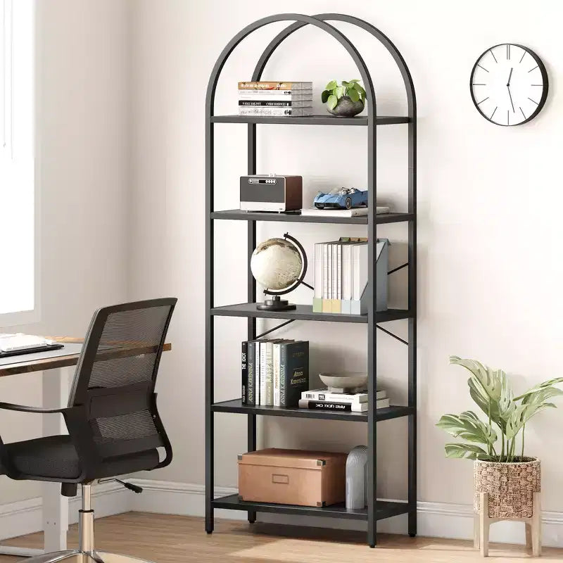 Bibliothèque à 5 niveaux, étagère en forme d'arche, grande étagère de rangement moderne en bois avec cadre en métal