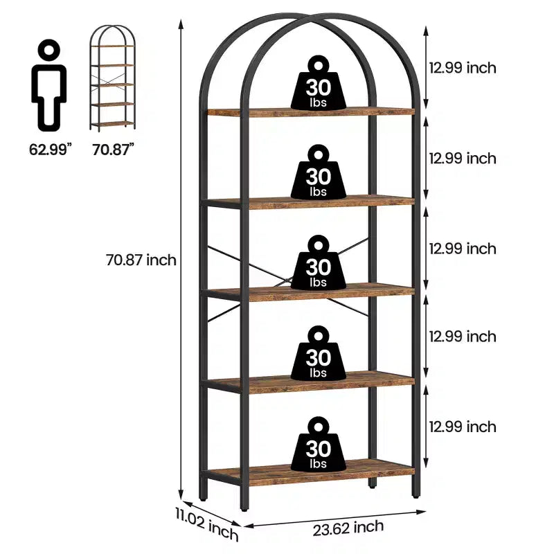 Bibliothèque à 5 niveaux, étagère en forme d'arche, grande étagère de rangement moderne en bois avec cadre en métal