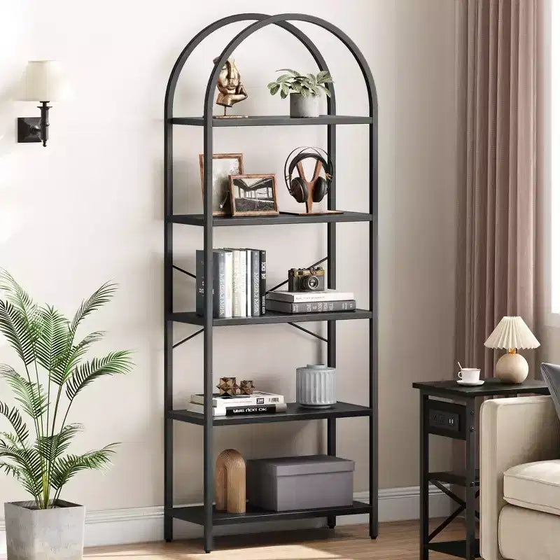 Bookshelf 5 Tier Bookcase Arched Display Racks Tall Standing Bookshelves Metal Frame Modern Storage Rack Shelf Large Wood Book Shelf