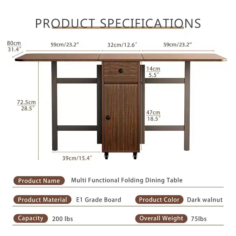 ATJafurn Table à manger pliable de 150 cm pour petits espaces, Table de cuisine rectangulaire pliable en bois avec rallonges, Aucun assemblage requis