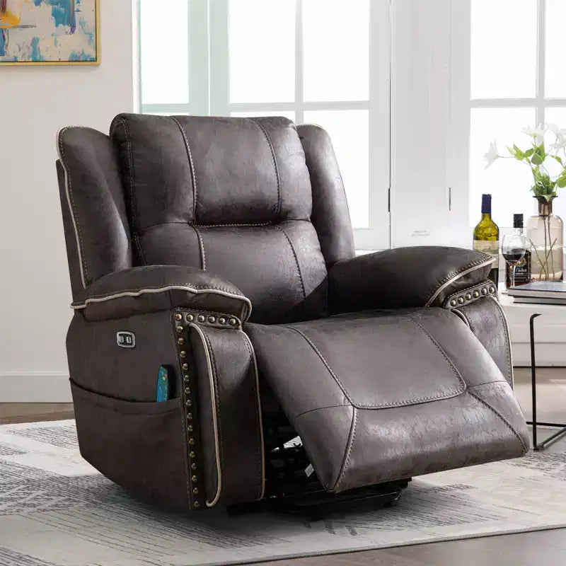 Bestier Massage & Heat Recliner Chair, Wide Leather Upholstered Swivel Lounger with Cup Holder and Pocket, Grey