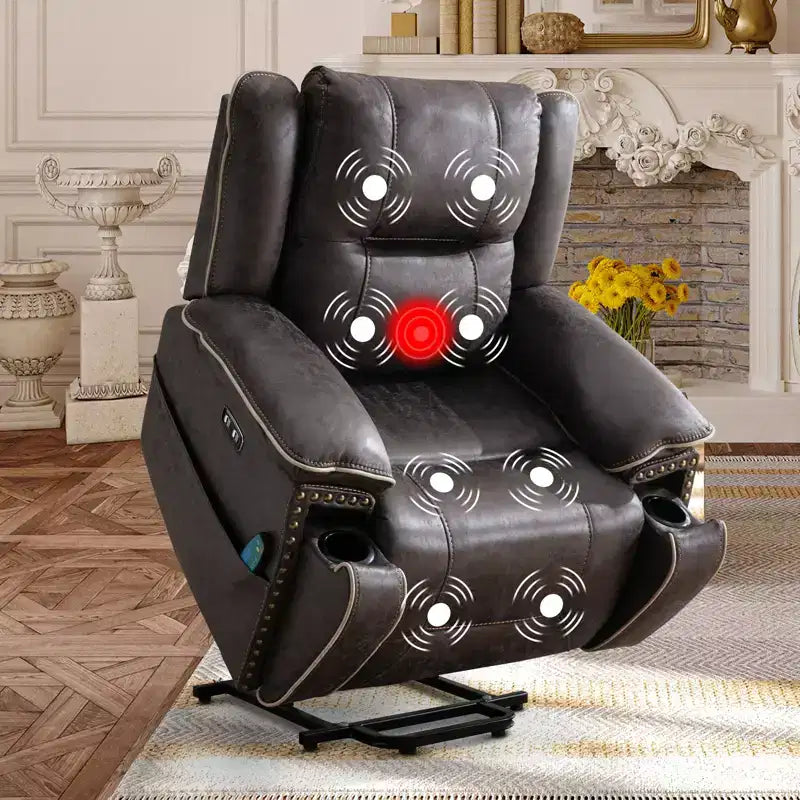 Fauteuil inclinable massant et chauffant Bestier, large fauteuil pivotant en cuir rembourré avec porte-gobelet et poche, gris