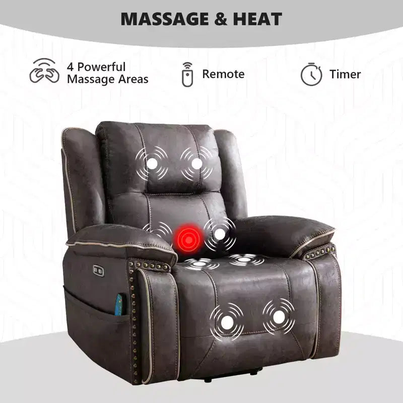 Fauteuil inclinable massant et chauffant Bestier, large fauteuil pivotant en cuir rembourré avec porte-gobelet et poche, gris