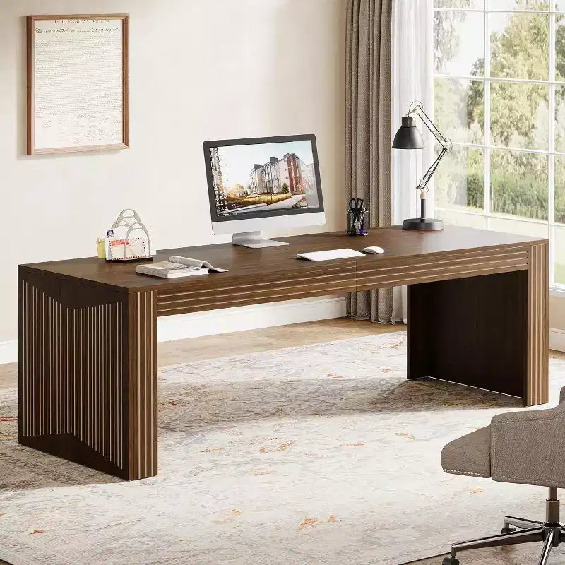 Lantine Bureau d'ordinateur en bois extra long de 78,74 pouces, bureau double pour deux personnes