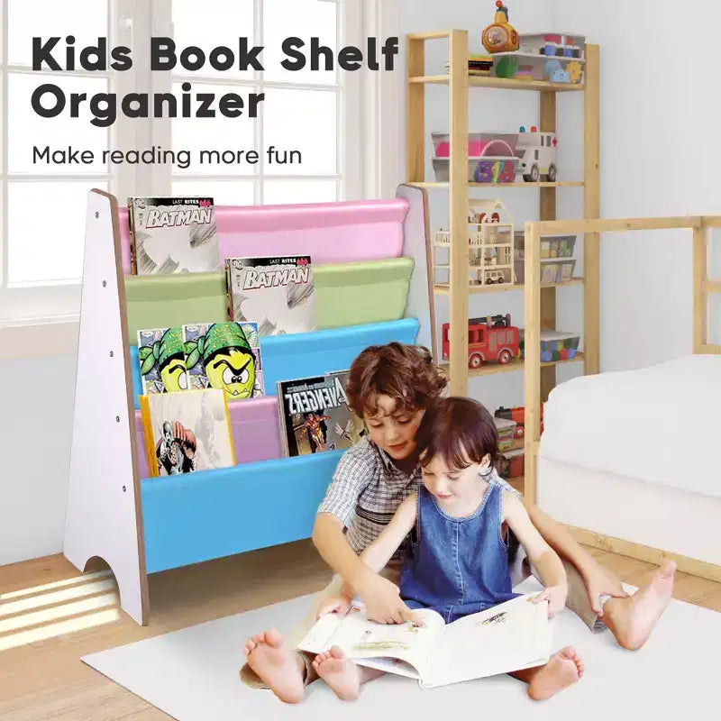 Yescom Étagère à Livres pour Enfants en Bois, Organisateur de Rangement à Sangles, Porte-Livres, Noyer et Blanc