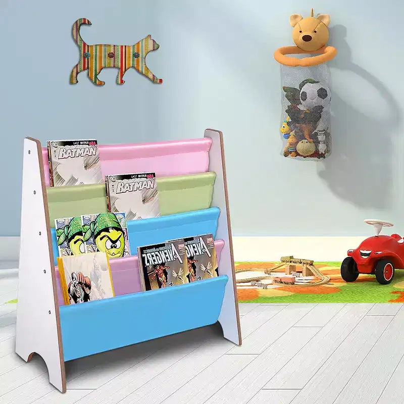 Yescom Étagère à Livres pour Enfants en Bois, Organisateur de Rangement à Sangles, Porte-Livres, Noyer et Blanc