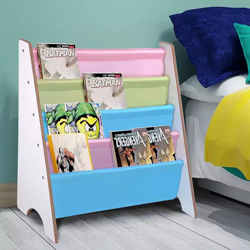 Yescom Étagère à Livres pour Enfants en Bois, Organisateur de Rangement à Sangles, Porte-Livres, Noyer et Blanc