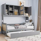 Lit de repos en bois double/grand format avec lit gigogne, armoire de rangement intégrée et étagères, cadre de lit multifonctionnel pour enfants et invités, blanc/gris - ModernLuxe