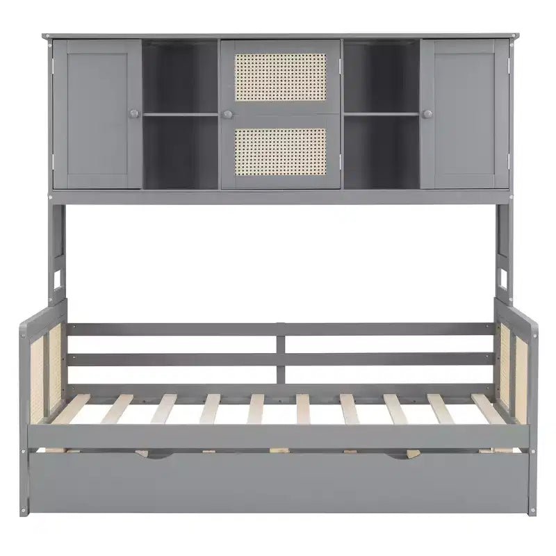Lit de repos en bois double/grand format avec lit gigogne, armoire de rangement intégrée et étagères, cadre de lit multifonctionnel pour enfants et invités, blanc/gris - ModernLuxe