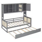 Lit de repos en bois double/grand format avec lit gigogne, armoire de rangement intégrée et étagères, cadre de lit multifonctionnel pour enfants et invités, blanc/gris - ModernLuxe