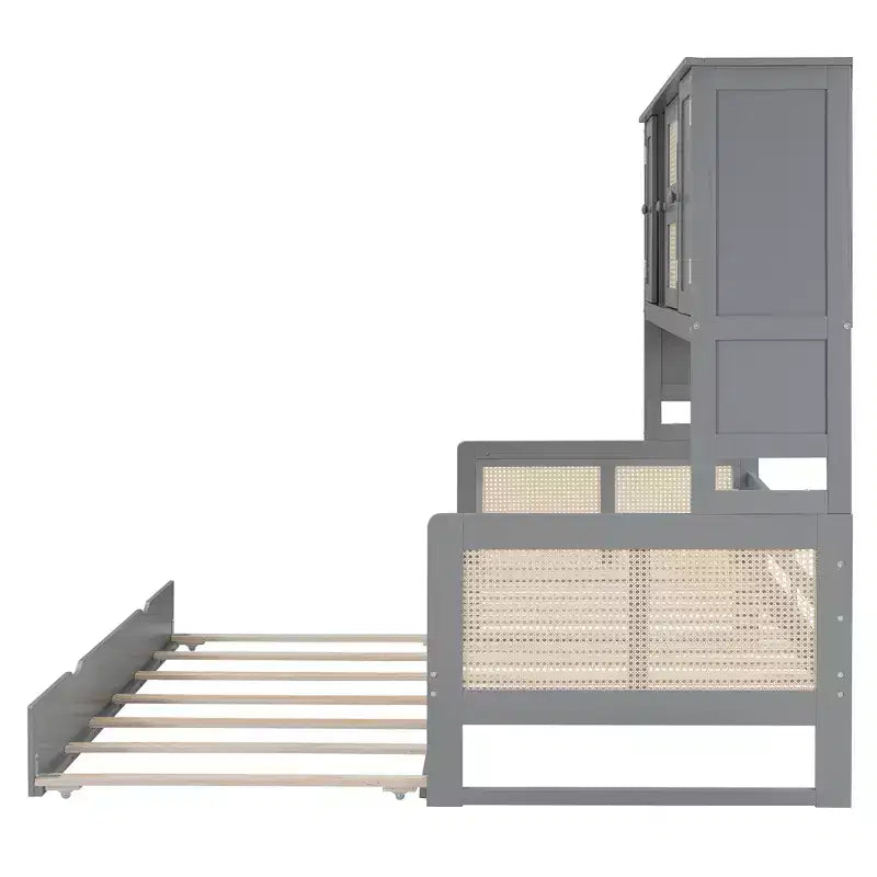 Lit de repos en bois double/grand format avec lit gigogne, armoire de rangement intégrée et étagères, cadre de lit multifonctionnel pour enfants et invités, blanc/gris - ModernLuxe