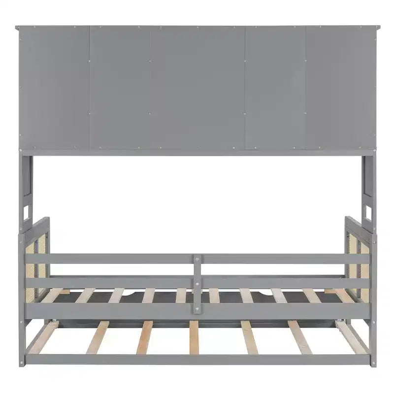 Lit de repos en bois double/grand format avec lit gigogne, armoire de rangement intégrée et étagères, cadre de lit multifonctionnel pour enfants et invités, blanc/gris - ModernLuxe