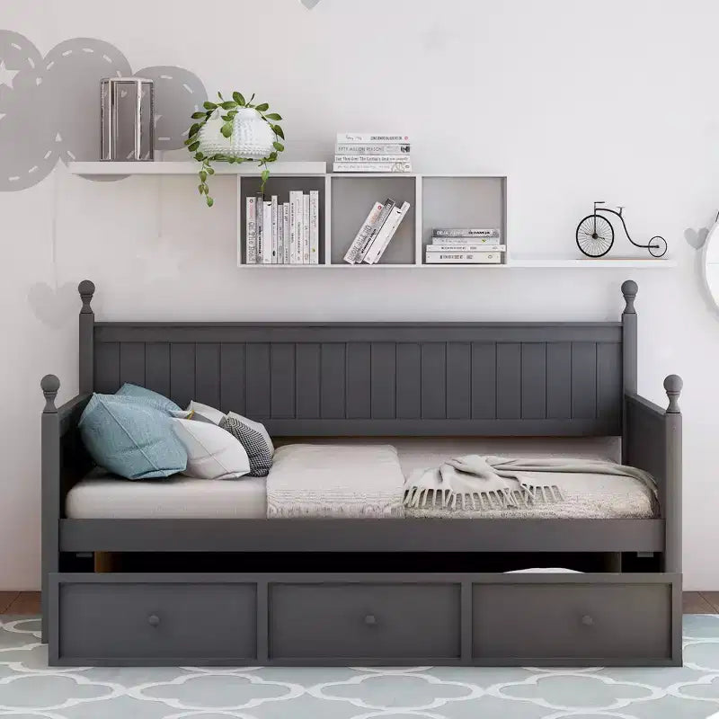 Lit de jour en bois pour lits jumeaux avec trois tiroirs de rangement ou lit gigogne, cadre de lit peu encombrant, aucun sommier tapissier requis - ModernLuxe