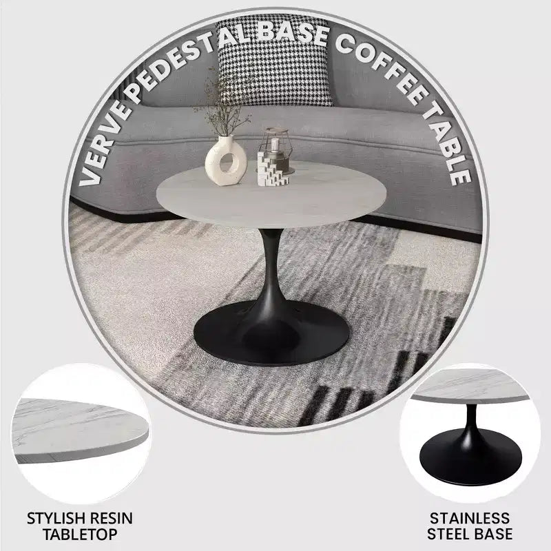 Table Basse Ronde LeisureMod Verve 27 - Plateau Moderne en Résine avec Piètement Central en Acier Noir, Table d'Appoint pour Salon Contemporain