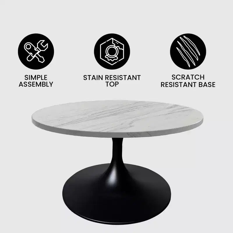 Table Basse Ronde LeisureMod Verve 27 - Plateau Moderne en Résine avec Piètement Central en Acier Noir, Table d'Appoint pour Salon Contemporain