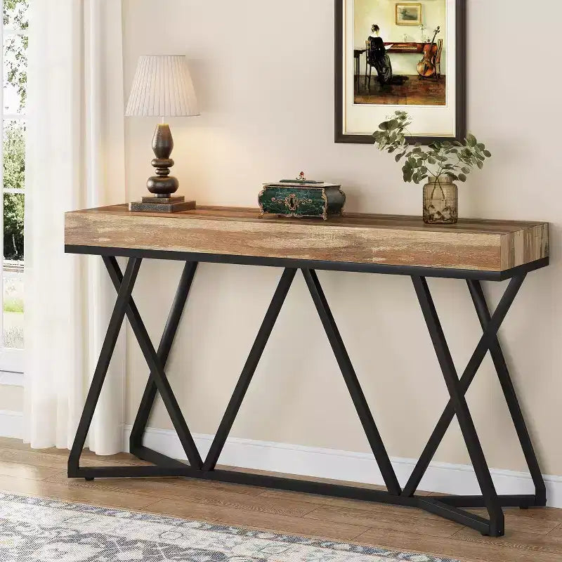 Lantine Table Console 55.12 Pouces, Table de Canapé de Style Ferme, Table d'Entrée en Bois avec Base Métallique Unique