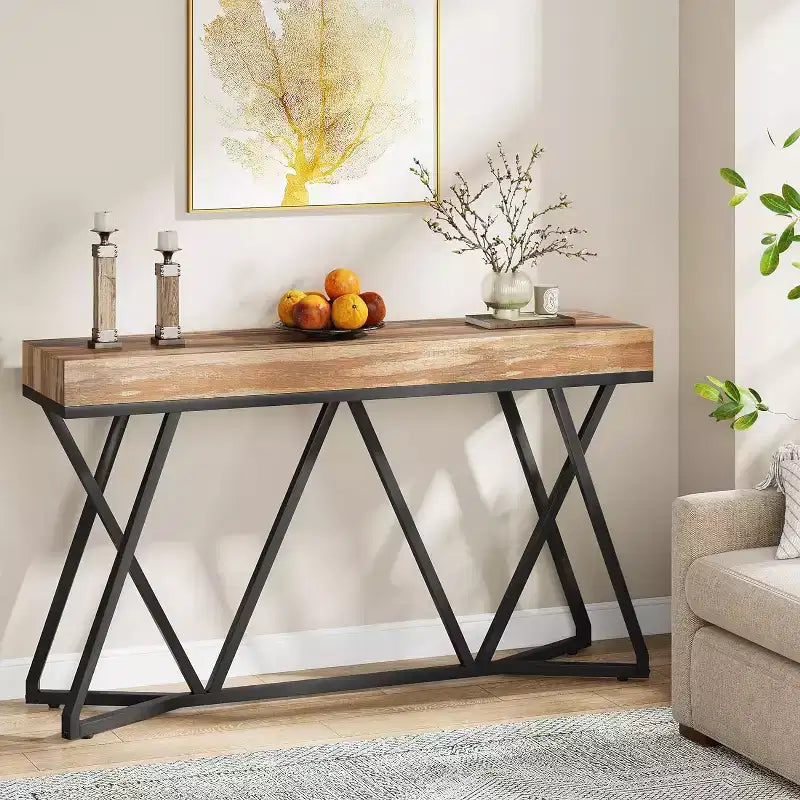Lantine Table Console 55.12 Pouces, Table de Canapé de Style Ferme, Table d'Entrée en Bois avec Base Métallique Unique