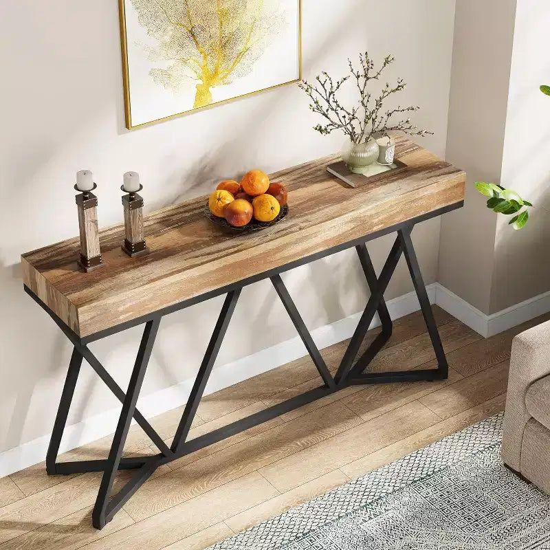 Lantine Table Console 55.12 Pouces, Table de Canapé de Style Ferme, Table d'Entrée en Bois avec Base Métallique Unique