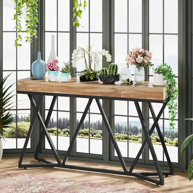 Lantine Table Console 55.12 Pouces, Table de Canapé de Style Ferme, Table d'Entrée en Bois avec Base Métallique Unique