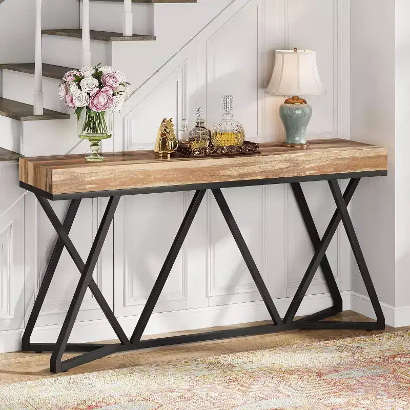 Lantine Table Console 55.12 Pouces, Table de Canapé de Style Ferme, Table d'Entrée en Bois avec Base Métallique Unique