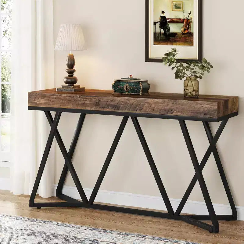 Lantine Table Console 55.12 Pouces, Table de Canapé de Style Ferme, Table d'Entrée en Bois avec Base Métallique Unique