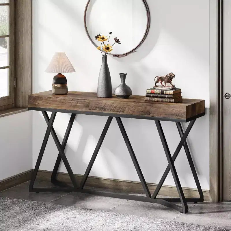 Lantine Table Console 55.12 Pouces, Table de Canapé de Style Ferme, Table d'Entrée en Bois avec Base Métallique Unique