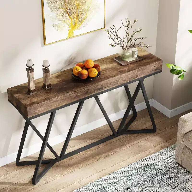 Lantine Table Console 55.12 Pouces, Table de Canapé de Style Ferme, Table d'Entrée en Bois avec Base Métallique Unique