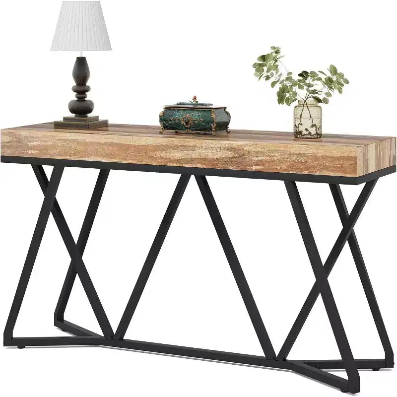 Lantine 55.12 Inches Console Table, Farmhouse Sofa Table Wood Entryway Table with Unique Metal Base