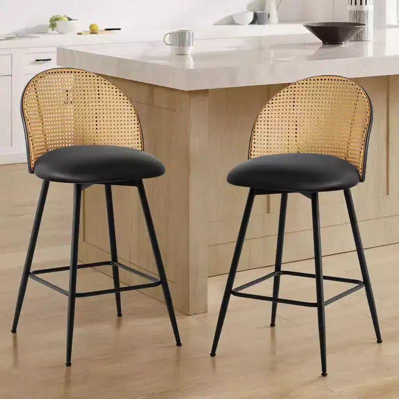 Bekrvio 29 Mid-Century Modern Swivel Bar Stools Set of 2/3/4, Faux Leather Upholstered Bar Chairs with Rattan Back & Metal Legs for Kitchen Counter