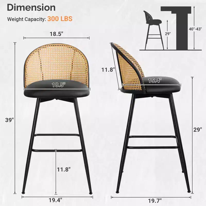 Bekrvio 29 tabourets de bar pivotants de style moderne du milieu du siècle, lot de 2/3/4, chaises de bar rembourrées en similicuir avec dossier en rotin et pieds en métal pour comptoir de cuisine