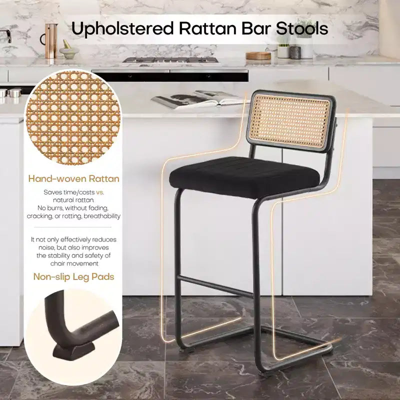 Bekrvio 30 Tabourets de bar pivotants lot de 2/3/4 avec dossier en rotin, revêtement en velours et cadre en métal noir, tabouret de cuisine moderne du milieu du siècle pour îlot de cuisine et bar