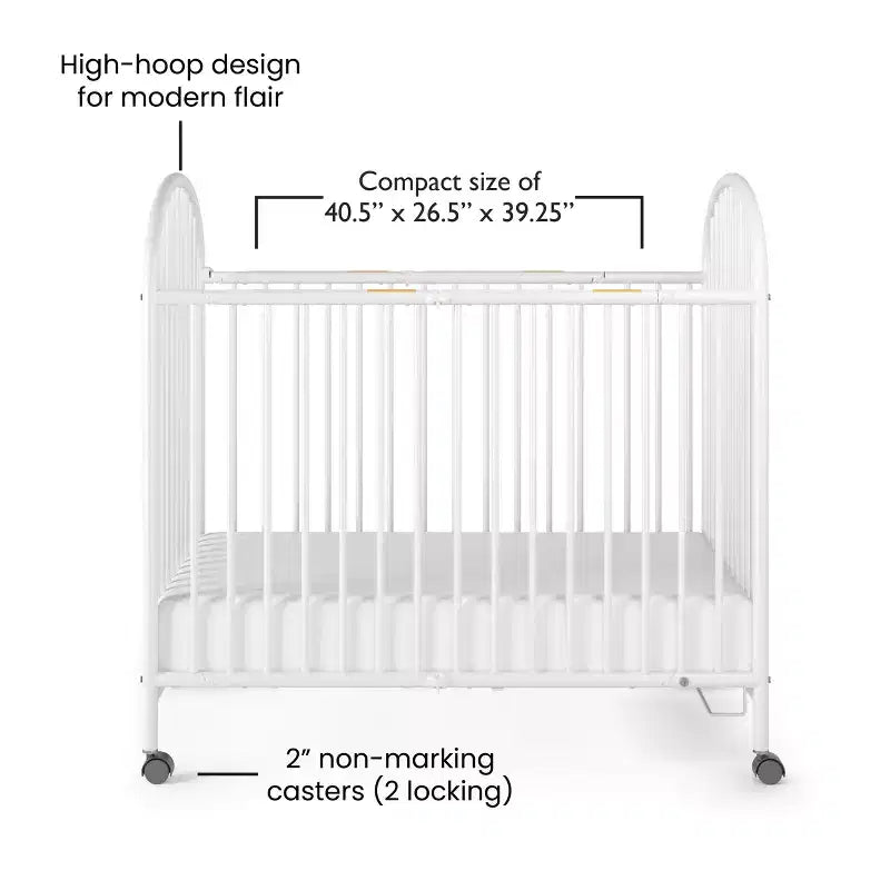 Child Craft Sweet Dreamer Arched Compact Folding Portable Crib with 3 Crib Mattress & 2 Locking Wheels, Durable Construction, Easy to Clean (White)