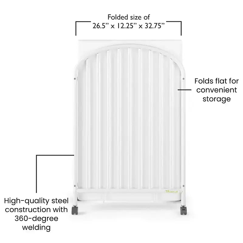 Lit de bébé pliant portable compact Child Craft Sweet Dreamer avec arche, 3 matelas de lit de bébé et 2 roulettes verrouillables, construction durable, facile à nettoyer (blanc)