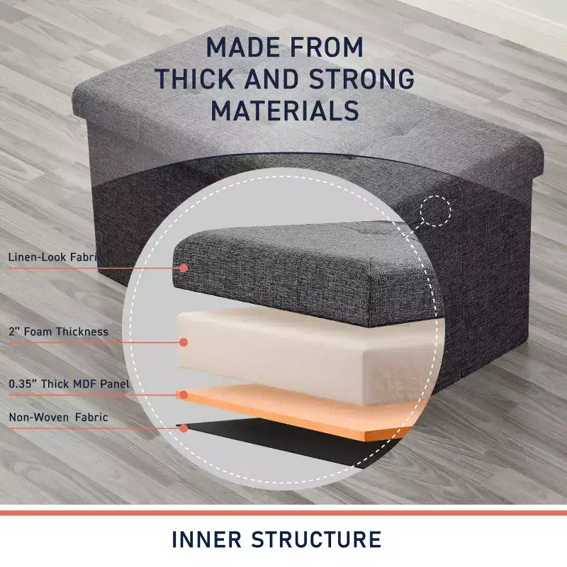 Banc de rangement ottoman pliable en lin capitonné de 30 pouces Ornavo Home