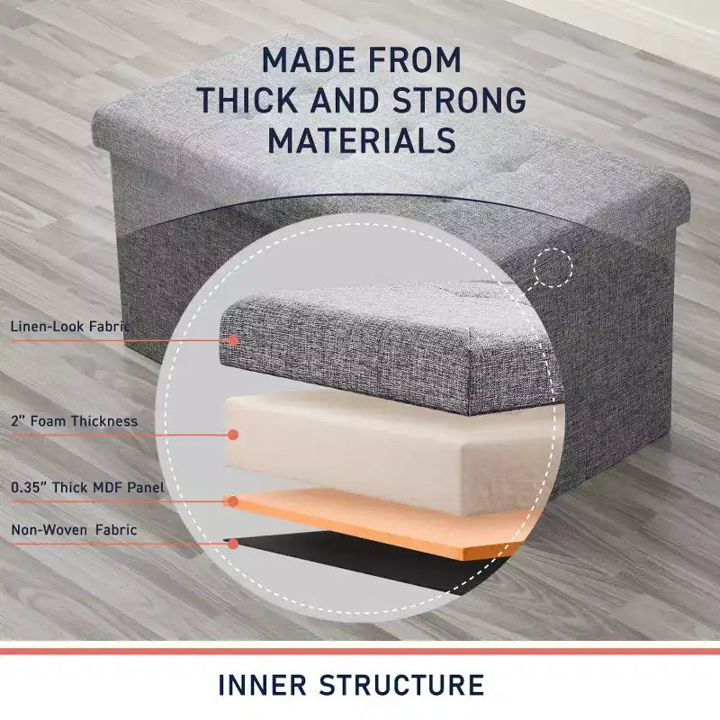 Banc de rangement ottoman pliable en lin capitonné de 30 pouces Ornavo Home