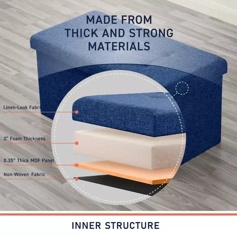 Banc de rangement ottoman pliable en lin capitonné de 30 pouces Ornavo Home